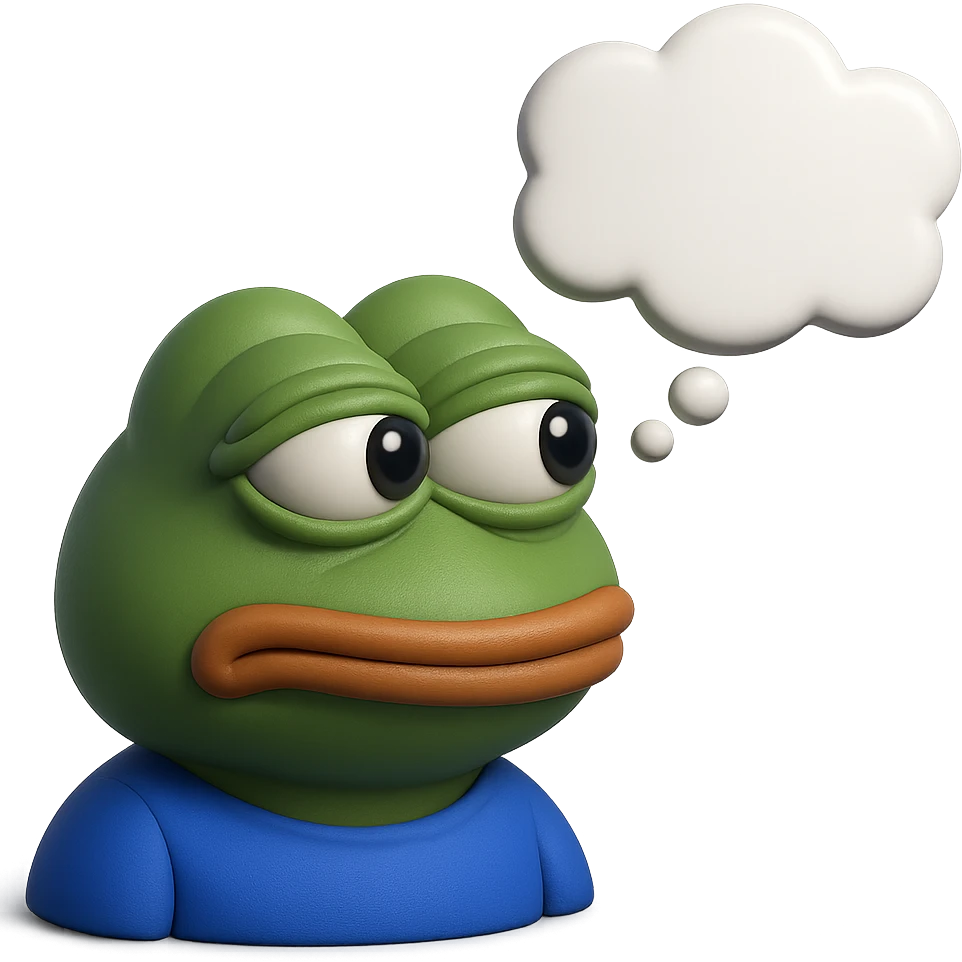 make a pepe with thought bubble looking at left side in 3d style, good highlights and shadows, drop shadows  emoji
