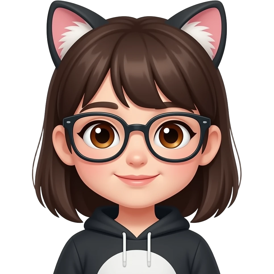 Девочка в очках с оттопыренными ушами. Темные коричневые волосы и глаза карие. В костюме кошки emoji