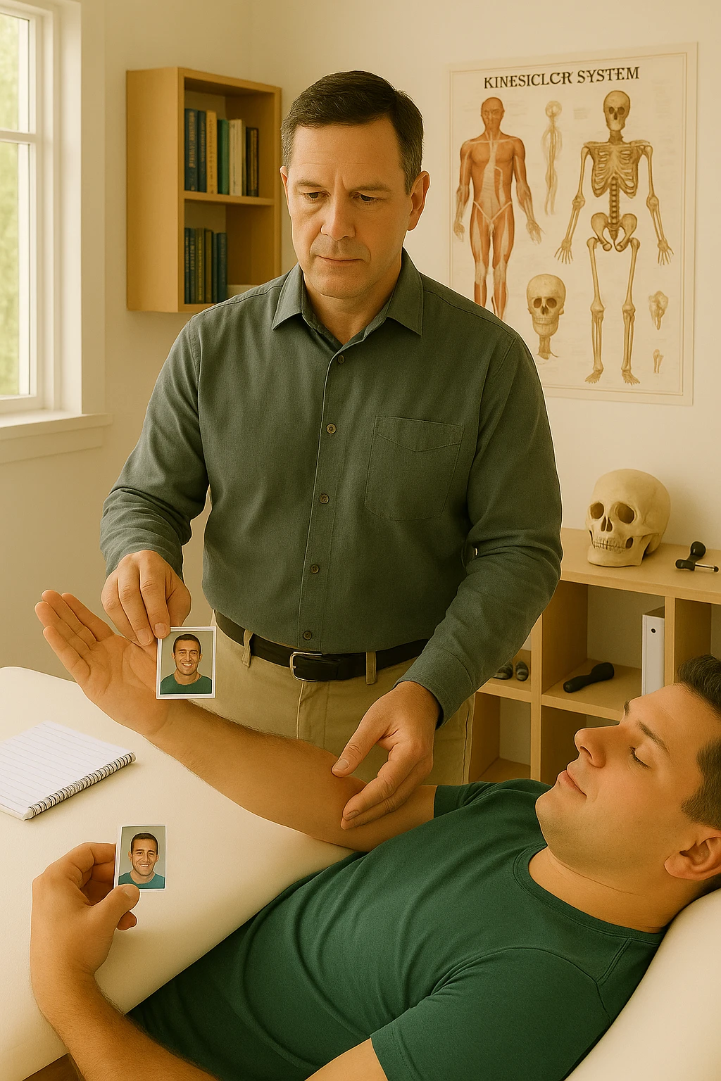 a middle-aged man, dressed in casual professional attire, is in a bright, organized therapy studio. Durante una visita di kinesiologia, il ragazzo tiene con una mano la foto di una persona lontana (il “testimone”) tiene la foto in mano, mentre con l’altra mano esegue un test muscolare su un cliente presente senza foto lui non tiene la foto. Sullo sfondo si vedono libri di kinesiologia, poster anatomici e strumenti tipici della disciplina. L’atmosfera è concentrata e serena, con luce naturale che entra dalla finestra, sottolineando l’aspetto alternativo e umano della pratica. emoji