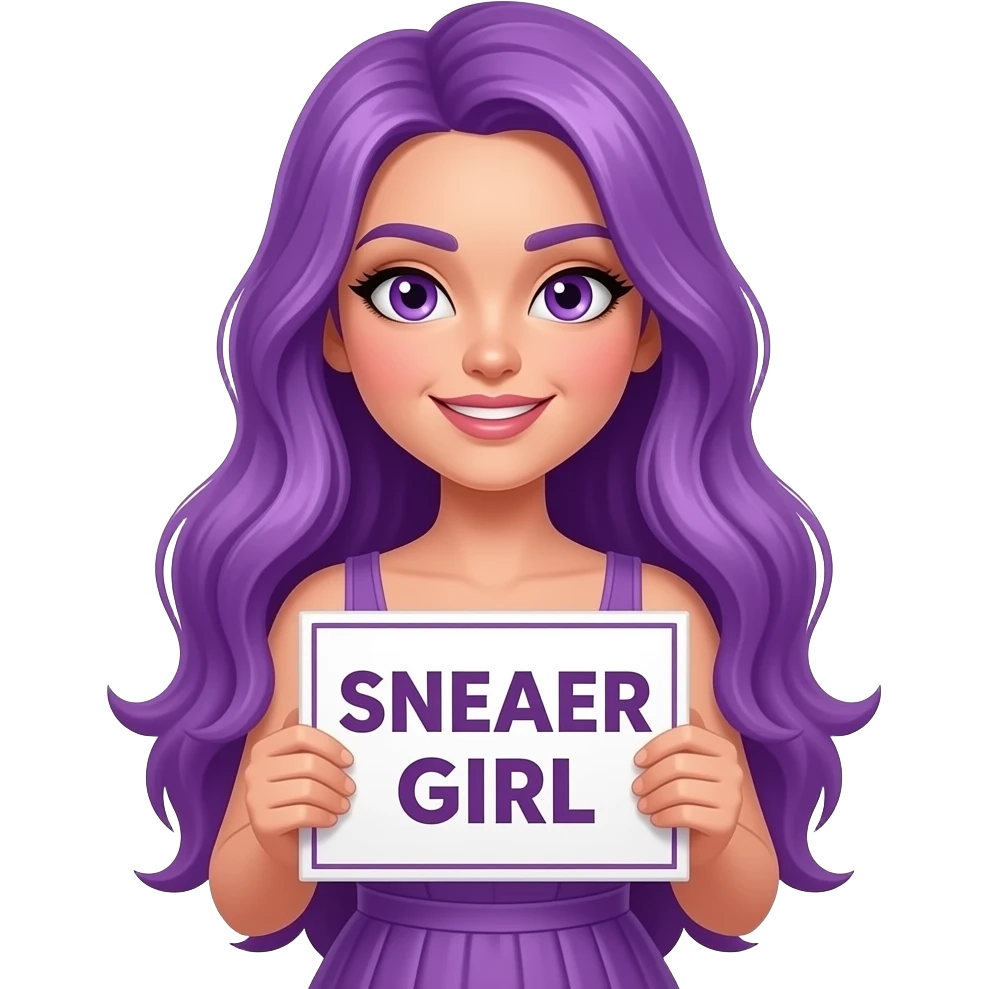 sexy girl with long purple hair and purple eyes wearing a dress holding a SNEAKER GIRL sign emoji