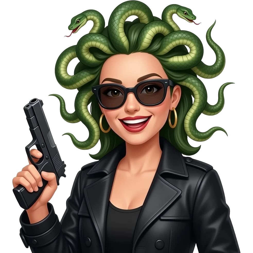 Giggling beautiful female Medusa in black coat with sunglasses holding gun emoji