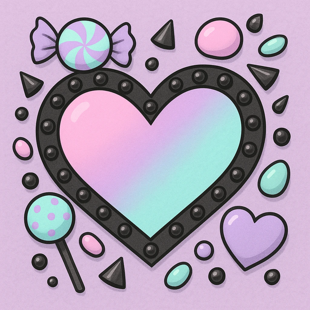 pastel goth heart with pastel candy and black studs emoji