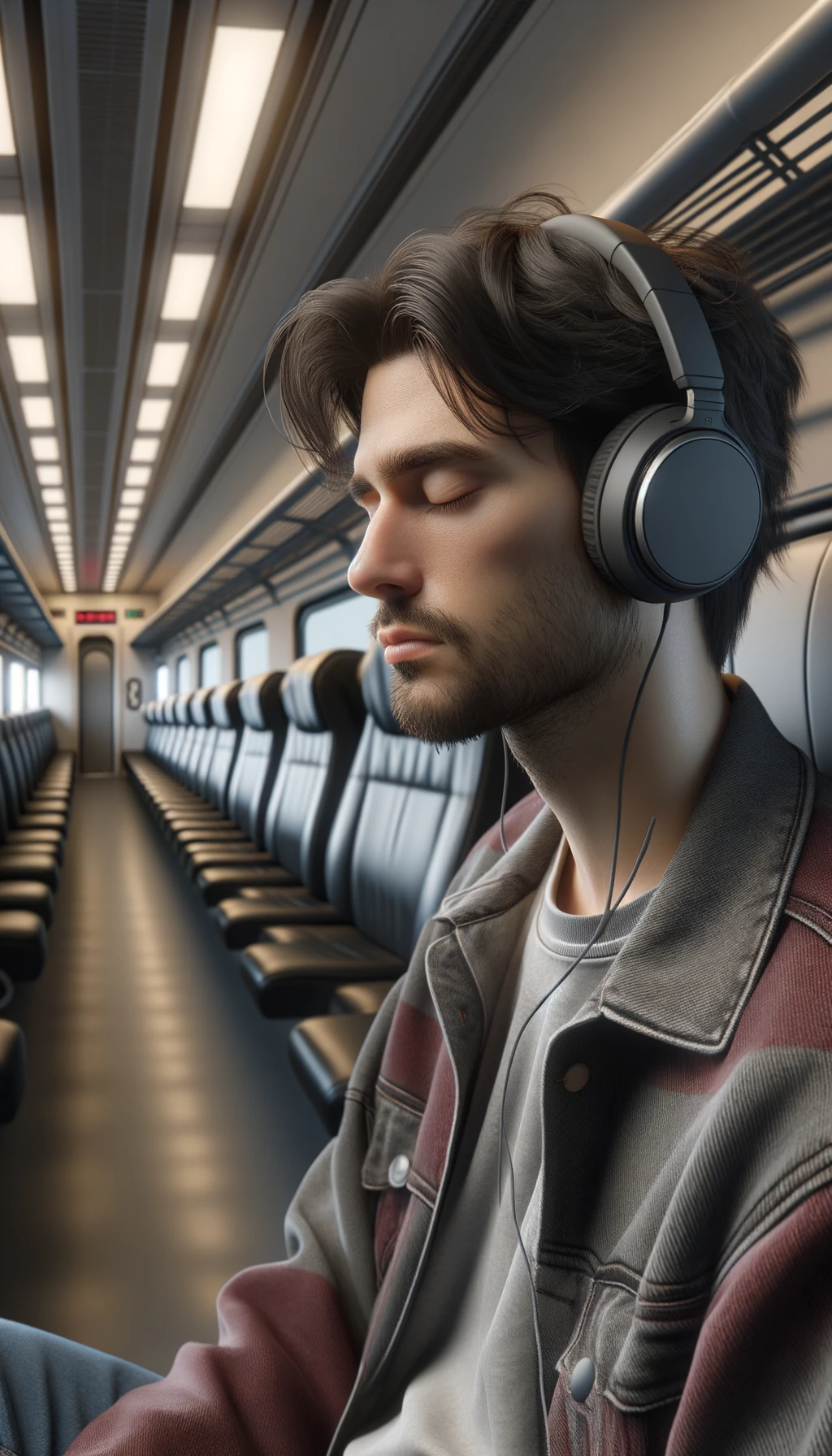 UOMO che ASCOLTA MUSICA CON LE CUFFIETTE NELLE ORECCHIE E GLI OCCHI CHIUSI SEDUTO SUL SEDILE DI UN TRENO, sullo sfondo L'INTERNO DELLA CABINA DI UN TRENO con toni chiari neutri, iperrealistico 4k emoji