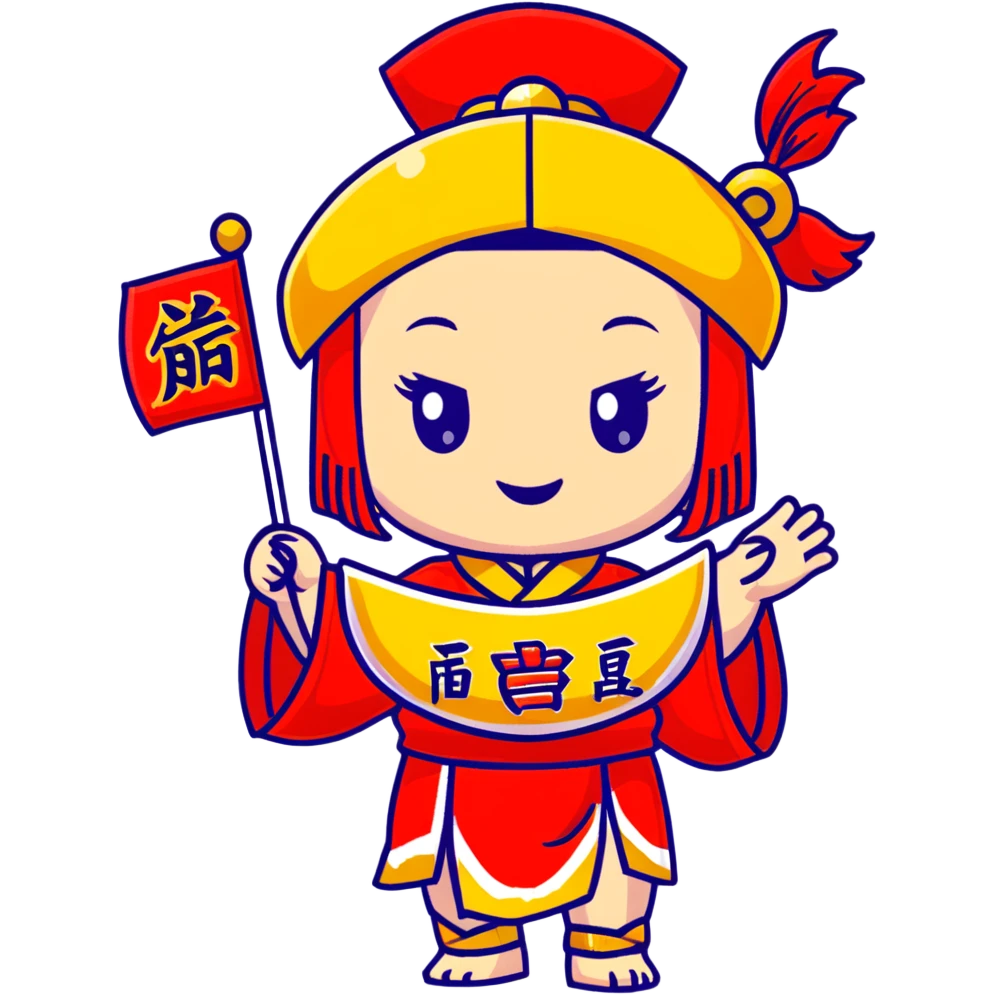 cute chibi girl wearing a big red embroidered mamian skirt, gold hair accessories, red envelope hair clip, cartoon lion dance helmet, holding a gold '恭喜发财' banner with both hands, smiling, full body, main colors red and gold, strong Chinese New Year vibe, soft cute style emoji