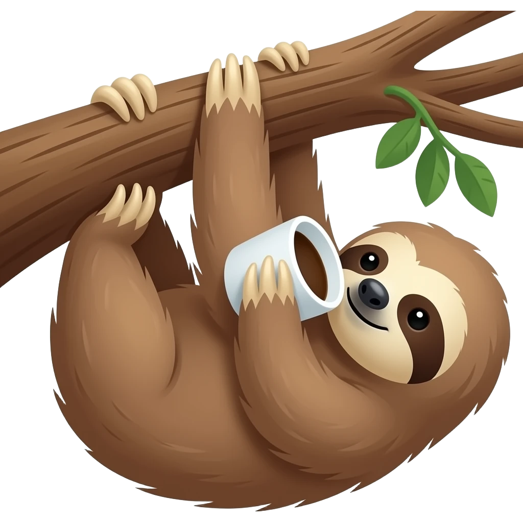 sloth on big tropical tree drink coffee hanging emoji