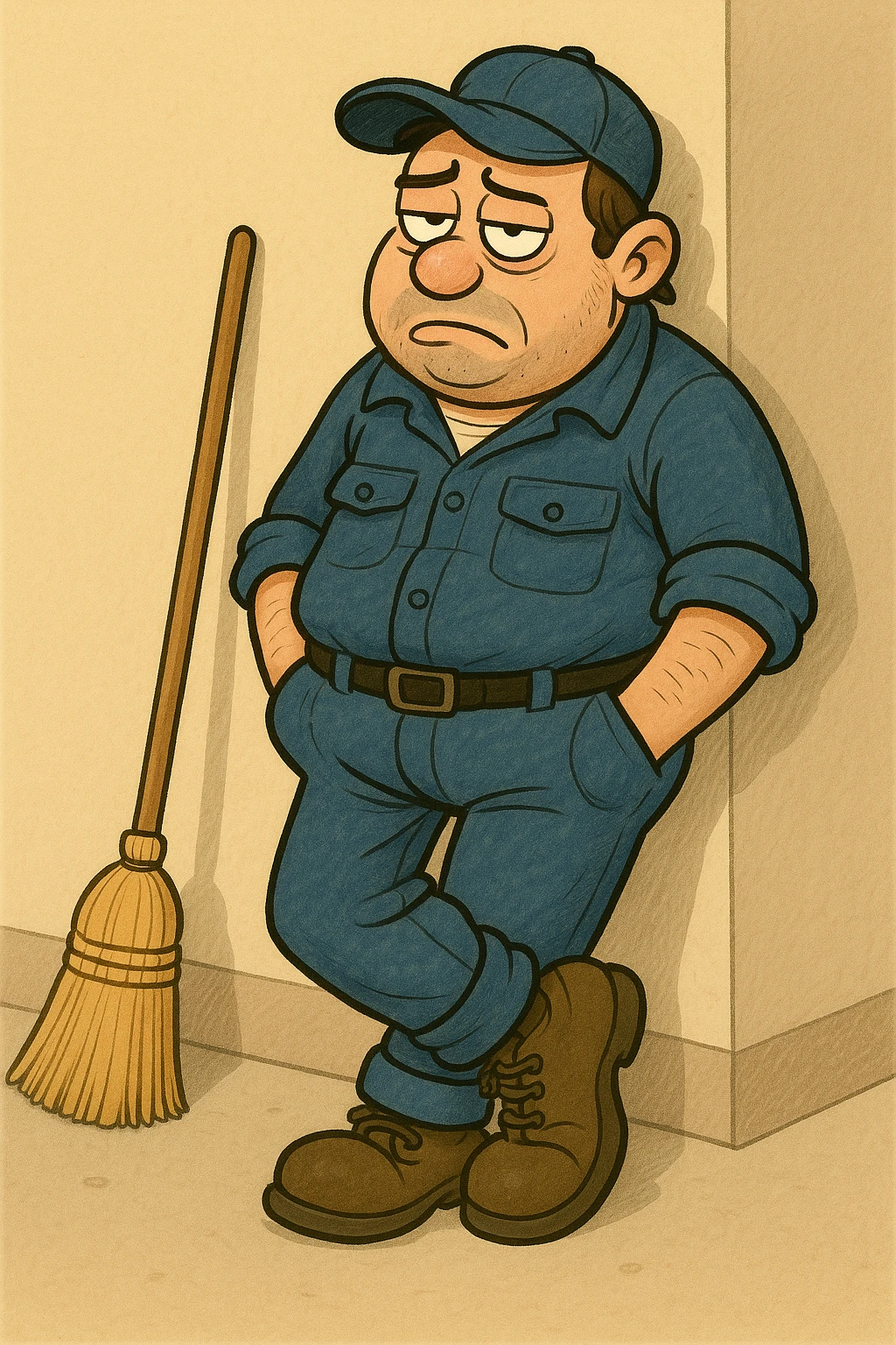 Make the lazy janitor more cartoonish with exaggerated features in a playful style. Show him leaning against a wall with hands in pockets, broom on the ground, and an uninterested face. emoji