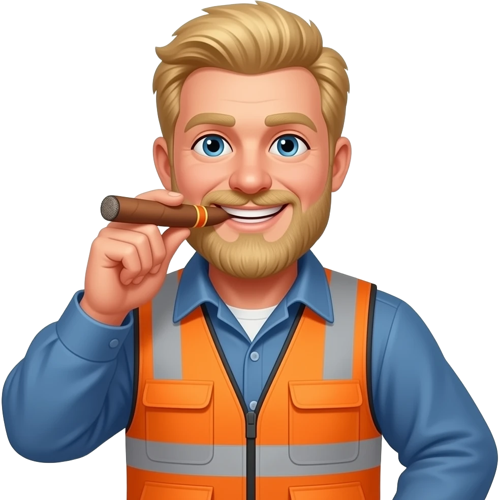 Big Blonde hair Guy with a Mole on his right cheek and a beard, smoking a cigar Wearing a construction vest with a big smile emoji