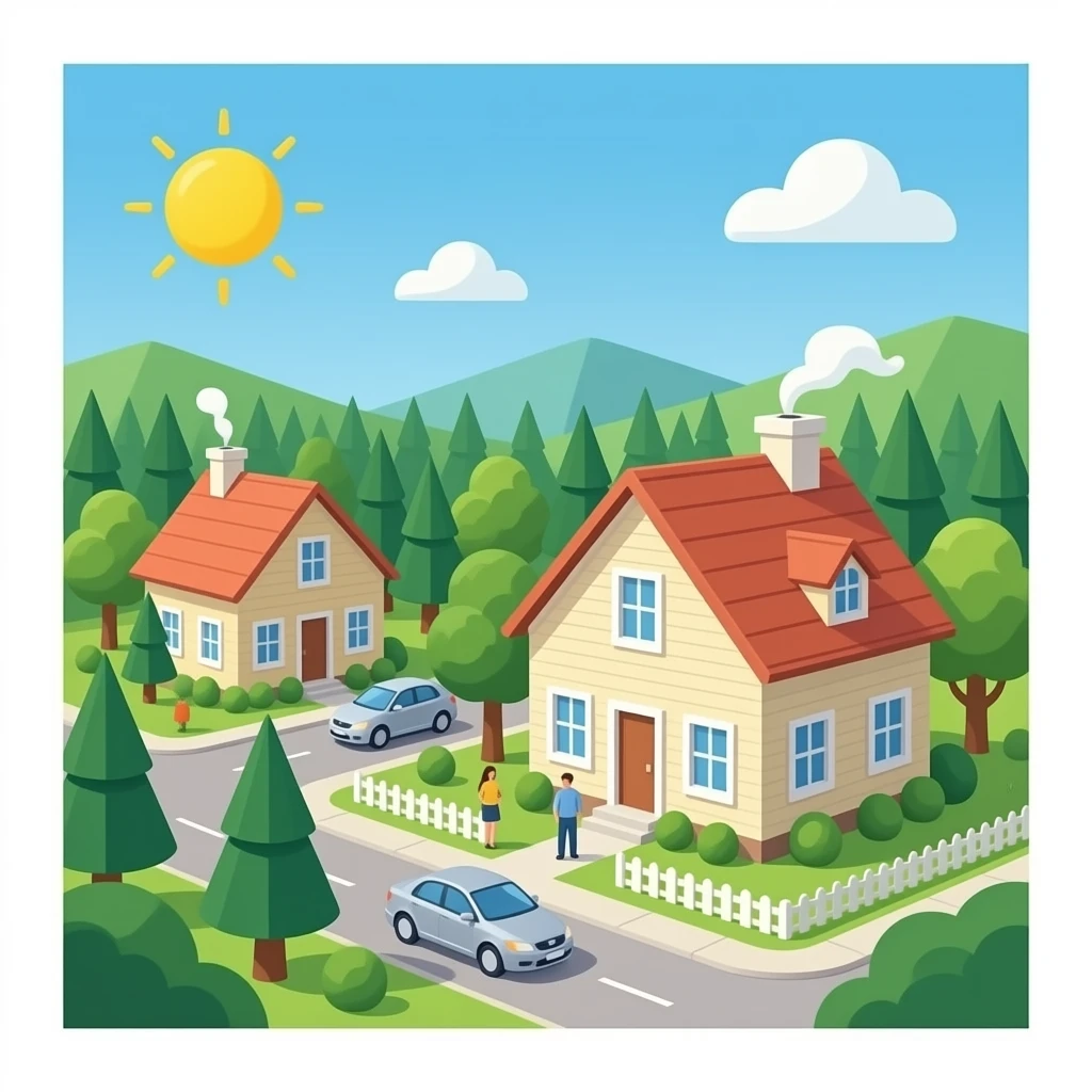 un publo con un bosque y casa de epoca 2026 con personas emoji