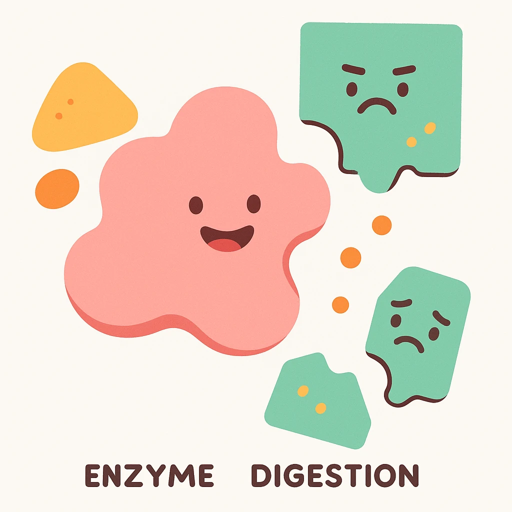 Ultra-detailed scientific illustration of enzyme digestion. Macro molecular view, clean white background, no text, no human figures or cartoon characters. Purely biological focus. emoji