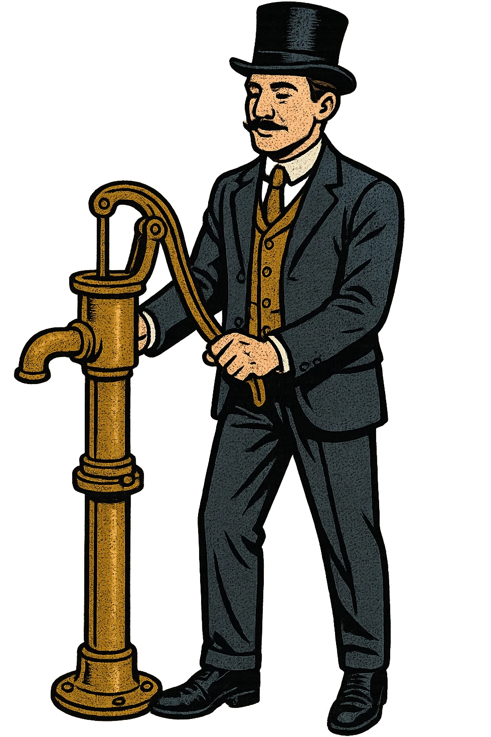 A full body image of calm victorian professor wearing a suit and top hat holding a victorian water pump emoji