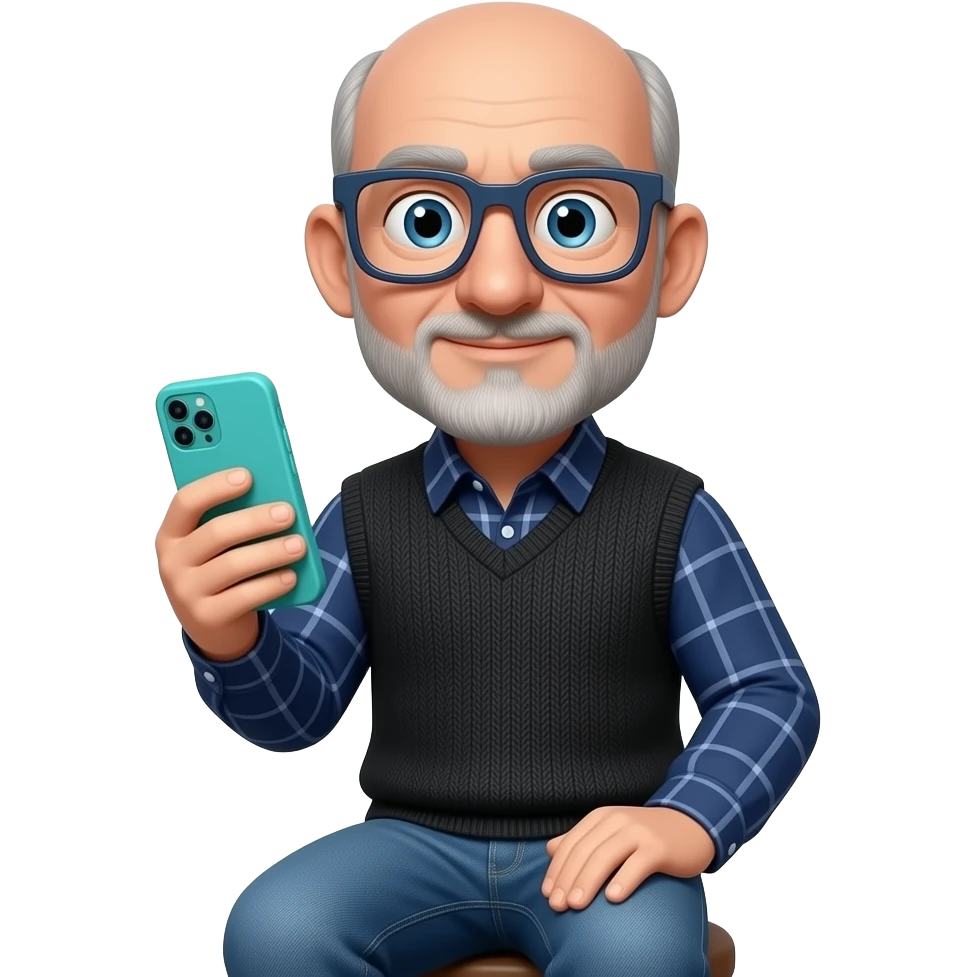 Señor sentado orejas grandes gafas cuadradas azul oscuras nariz grande y un poco de barba gris y casi calvo con algún pelo canoso Está con un teléfono móvil de funda turquesa y una camisa azul marino con líneas a cuadros encima un chaleco tipo jersey de algodón cerrado negro y vaqueros azules. emoji