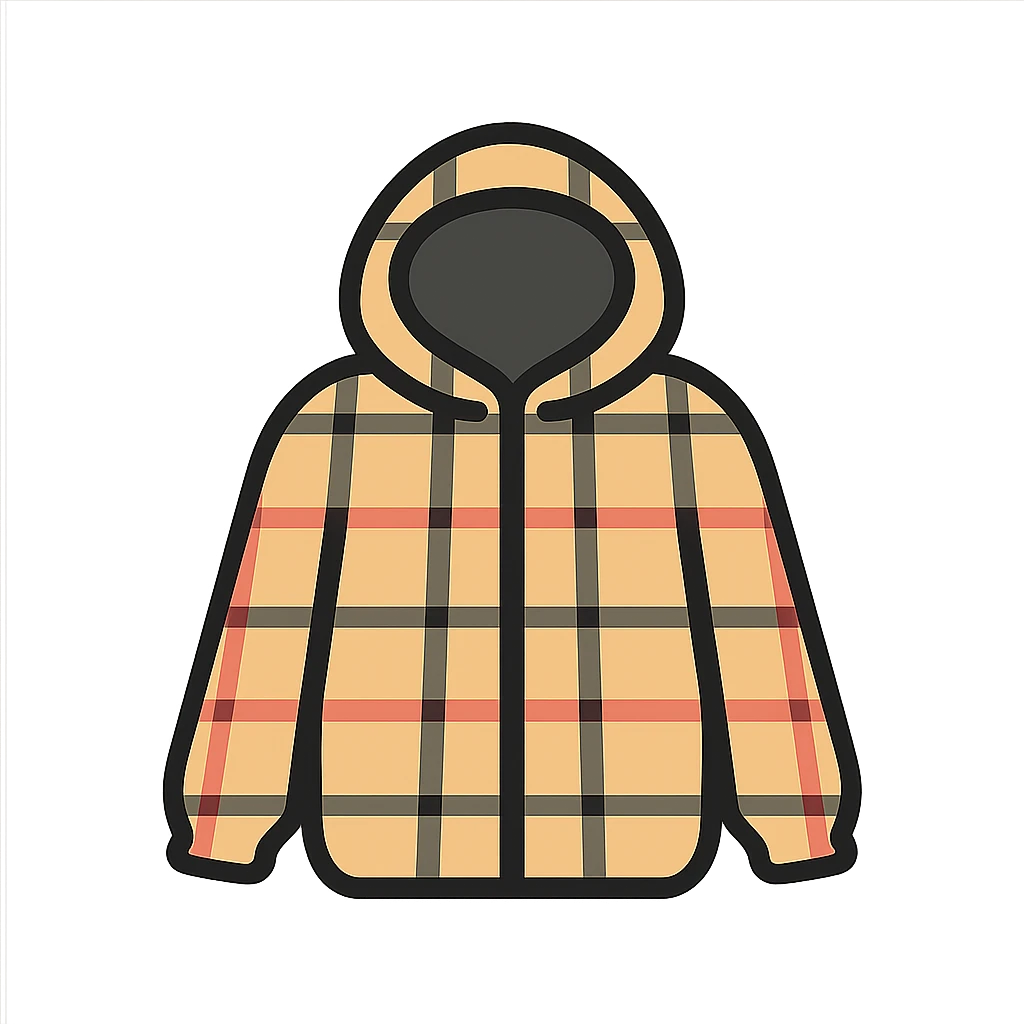Create a simple emoji of a Burberry-style plaid jacket. Keep the beige color and the check pattern, but with minimal details. No text. Transparent background. The style should be simple and emoji-like, suitable for an emoji representation. emoji