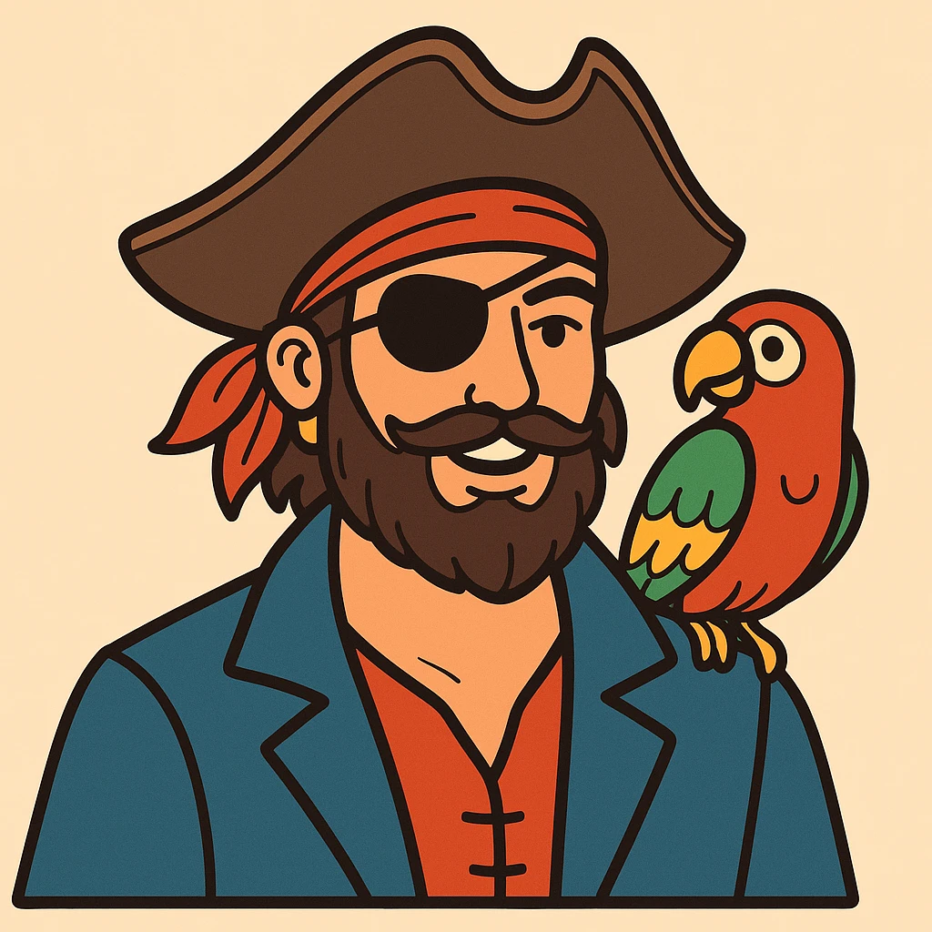 color vector art with thin outline of pirate with eye patch and parrot on shoulder  emoji