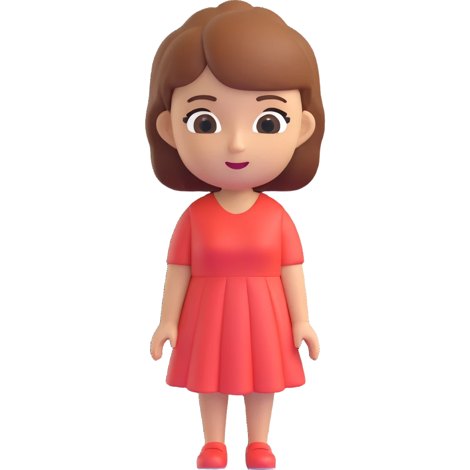 Change the outfit of the character to a casual dress and remove the apple. Keep the realistic Apple-style Memoji look, 3D style, with a transparent background. emoji