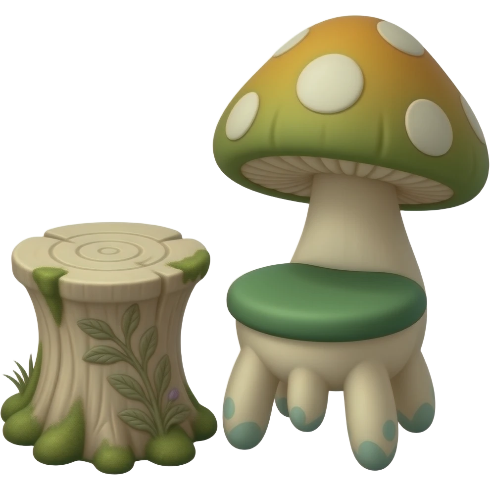 An enchanting mushroom chair in deep green, warm amber, and muted ivory beside a refined tree stump table with carved botanical details, organic curves, mossy textures, and subtle violet accents, rendered in a sophisticated botanical fantasy style. emoji