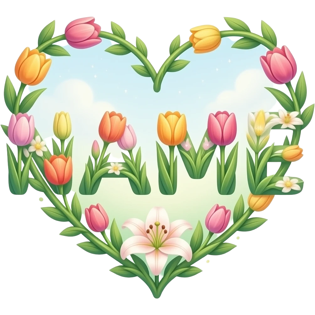 A text 'NAME' formed from lush green vines shaped into small hearts. Vibrant tulips and lilies bloom from the letter, each flower center glowing like a tiny star. Dreamy atmosphere, hyper-realistic, soft pastel colors emoji