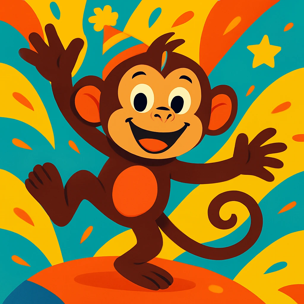 Add a colorful party hat to the playful monkey, keeping the vibrant cartoon style. emoji