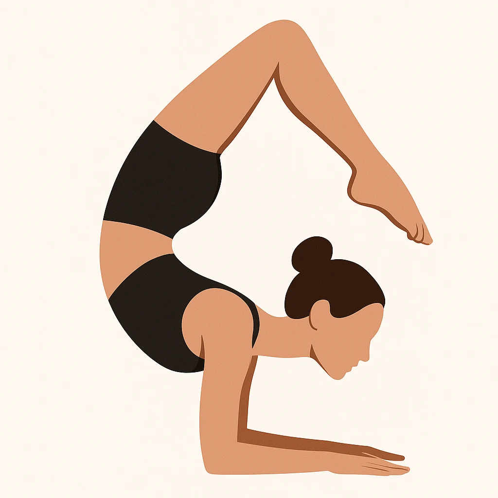 Minimalist flat vector illustration of a woman doing yoga (Vrischikasana), wearing sportswear (black top and black shorts), brown hair in a bun, clean white background, no face details, elegant style emoji