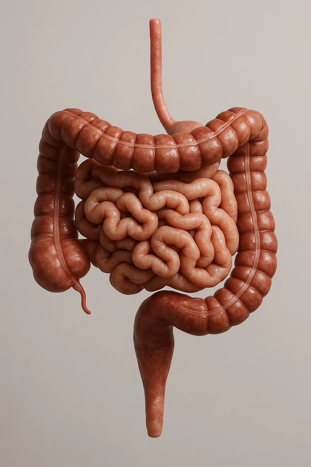 INTESTINO UMANO ANATOMICO REALISTICO FLUTTUA IN ARIA, SFONDO CHIARO, iperrealistico 4k emoji