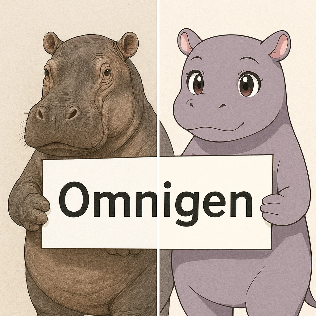 two hippo holding sign of omnigen, half picture 1 hippo is realistic another half is the anime of that same second hippo, with before after mark emoji