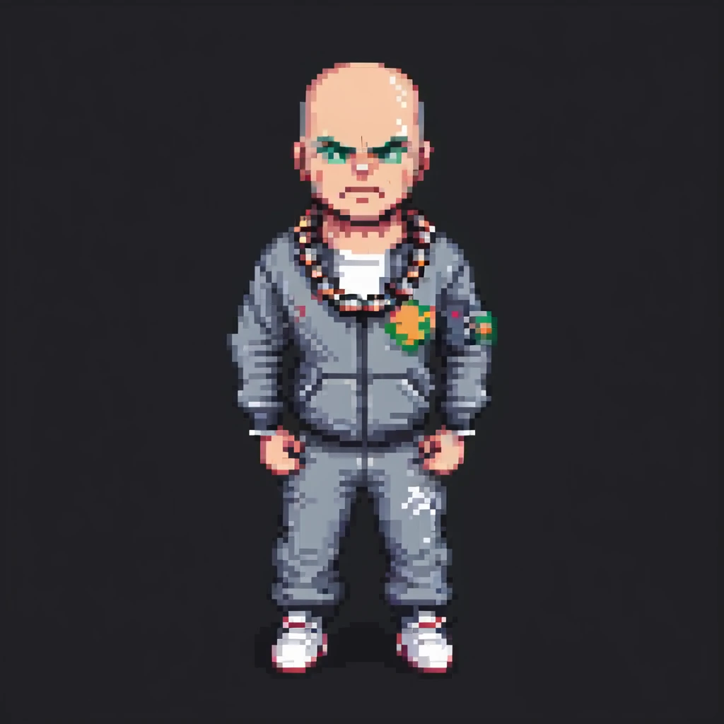 Pixel art thug in tracksuit, holding chain in Hand, bald head, angry expression, side view, retro arcade sprite
 emoji