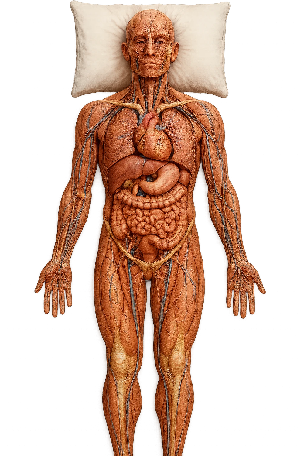 corpo umano anatomico CON TESTA SUL CUSCINO PERCHé STA DORMENDO, VISTO DALL'ALTO, iperrealistico 4k emoji