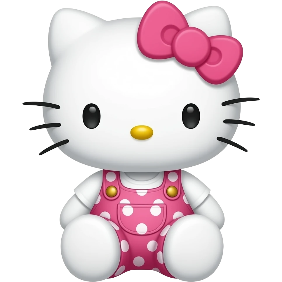 hello kitty sitting down wearing pink with white polka dots overalls and a white shirt with a pink bow emoji