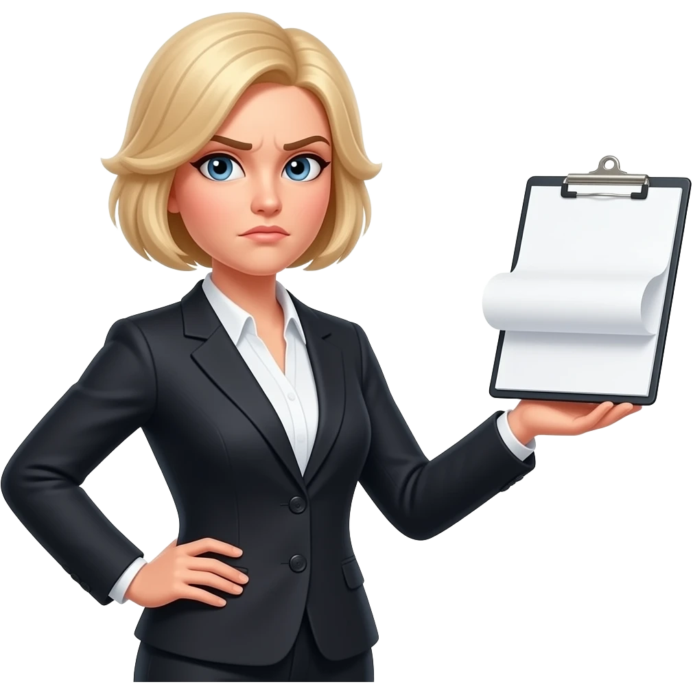 Blonde short spikey hair female lawyer withone hand on her hip and the other hand dropping a legal pad with disgusted look on her face emoji