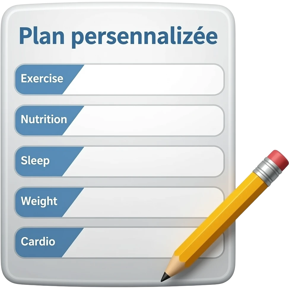 A gym workout plan, with a pencil in the corner and titled "Plan personnalisé" should clearly state the following: Exercice, Alimentation, Sommeil, Poids, Cardio. emoji