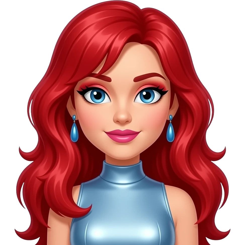 Kimber from Jem and the Holograms with blue eyes, long bright red 80s rocker hair, red eyeshadow, pink lipstick, light steel blue metallic high neck dress, blue earrings emoji