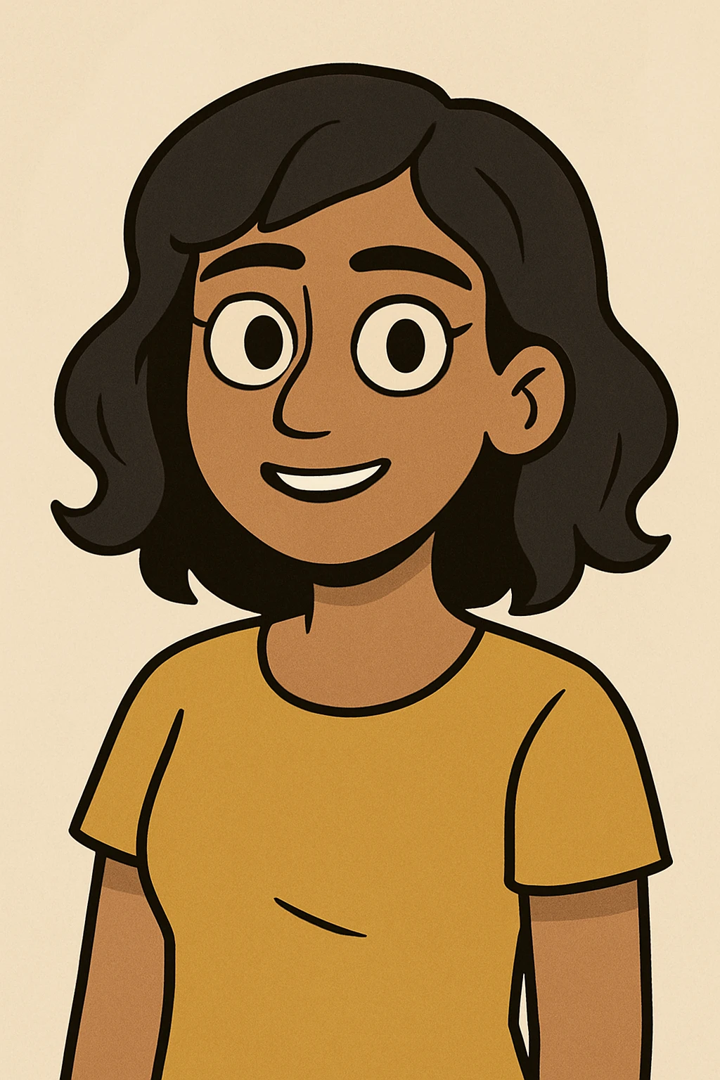 a girl with olive skin, black wavy hair by her shoulders, and dark brown eyes, in a cartoon style emoji