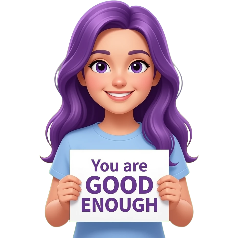 girl with long purple hair holding a You are GOOD ENOUGH sign emoji