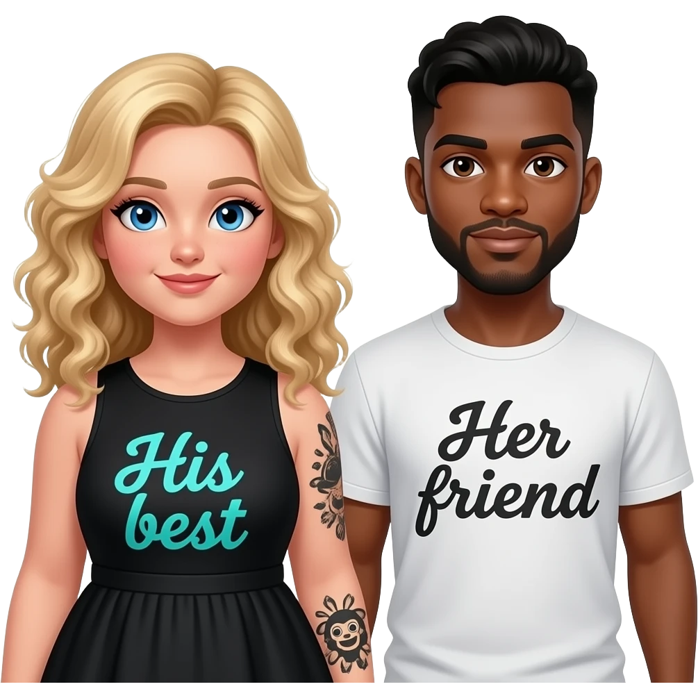 Plus size curly Blonde girl with blue eyes with black tattoos on right lower arm wearing a no sleeve black summer dress with saying “ His best” written in teal writing and African American man with black hair with brown eyes NO facial hair with saying “Her friend“ on his shirt emoji