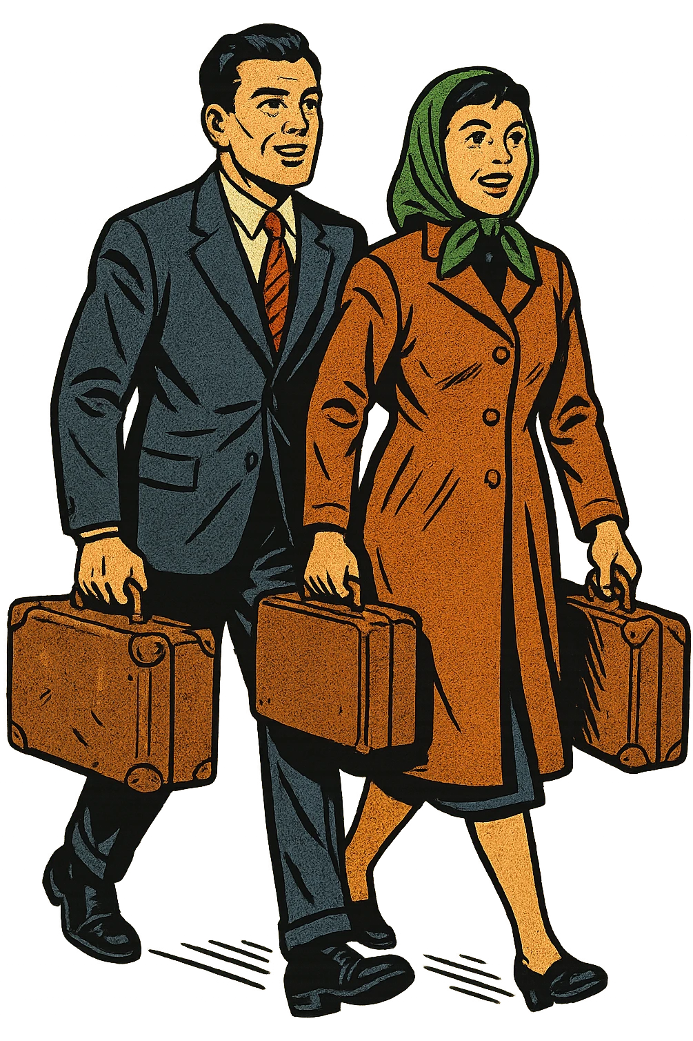 A refugee husband and wife from Eastern Europe in the 1950s both carrying a small old brown suitcase and looking hopeful. They are both walking emoji