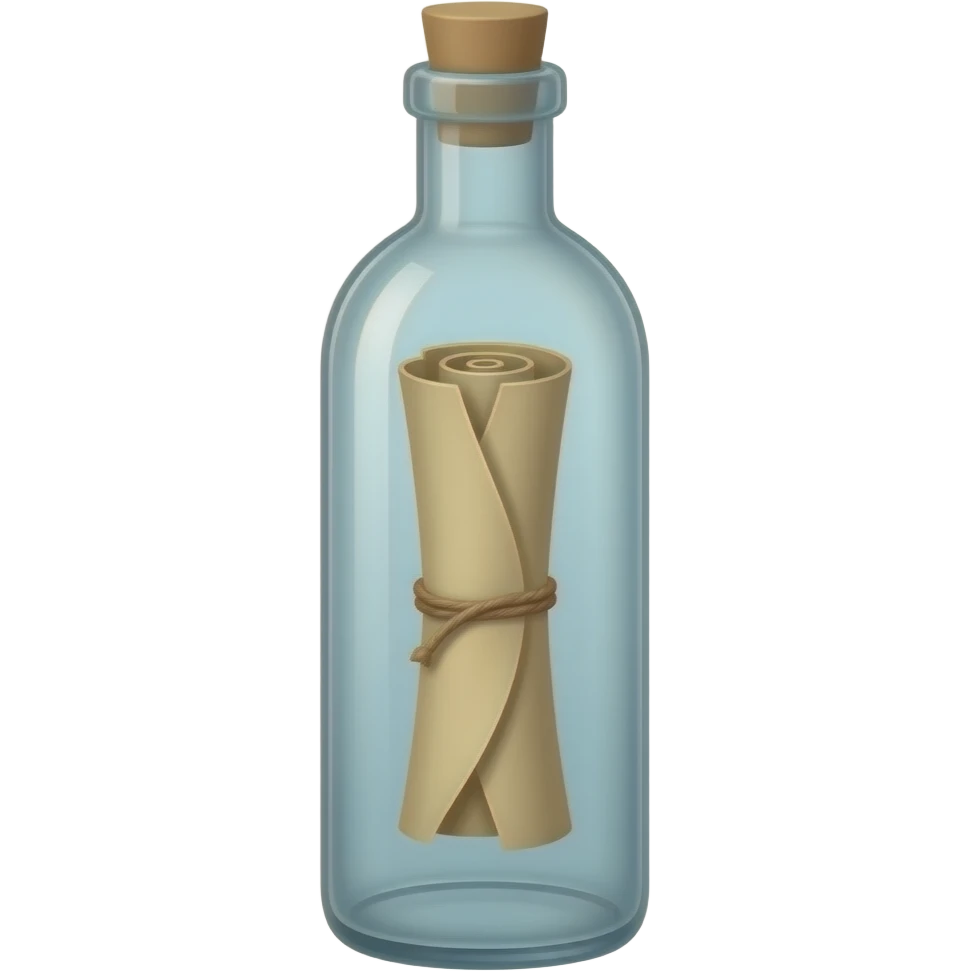 A tall, thin glass bottle containing a rolled-up message in an old piece of paper, with the message positioned exactly in the center of the bottle. The roll should look truly natural, with natural curves and a three-dimensional appearance. emoji