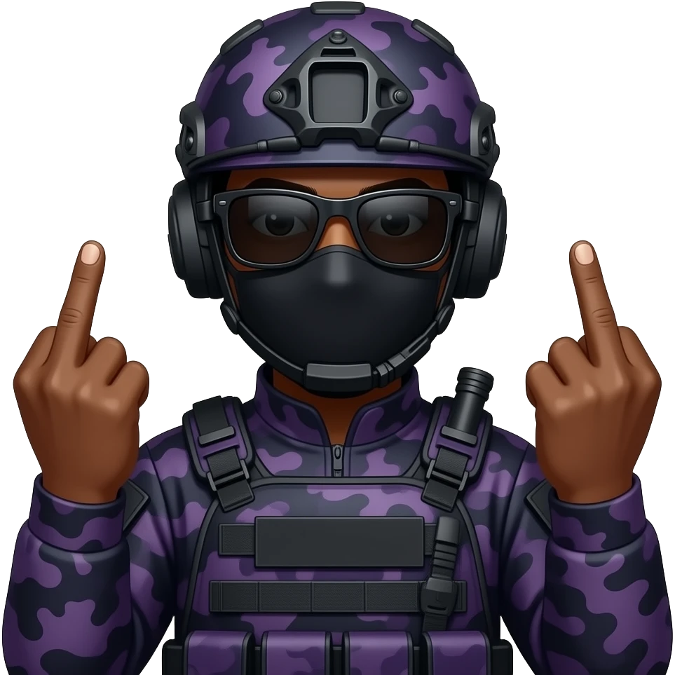 Black Man with two middle fingers in large black sungoggles dark purple camoflage tactical gear helmet mask emoji