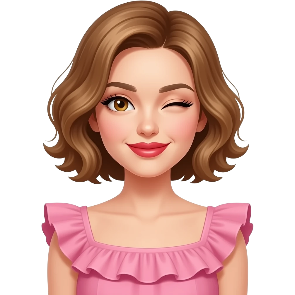 white, very beautiful woman, with big plump red lips, long long lashes, honey wavy short hair, hazel eyes, winking and a look of ‘hmm’ on her face.  from waist up. Wearing a pink frilly dress emoji