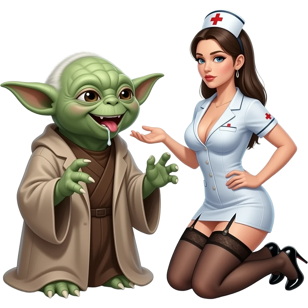 Yoda smiling, with a large breasted nurse,thin and athletic build  smiling wearing garter belt, stiletto heels, kneeling and facing yoday, low cut cleavage, mouth wide open drooling emoji