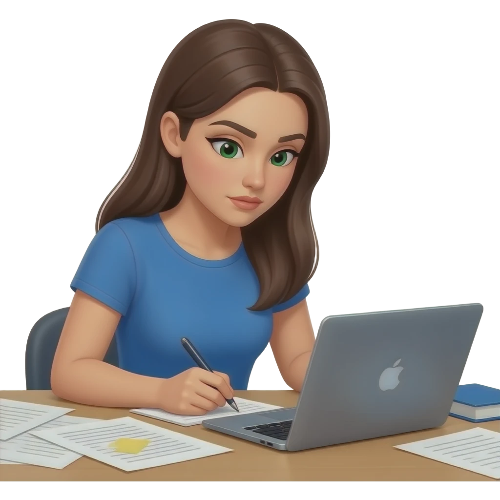 a brunette looking down with long straight hair green eyes writing down notes with a lot of pieces of paper around her scattered everywhere on the table (in a very disorganized way and a laptop in front of her and shes very focused) and she has a blue skims top with lots of paper emoji