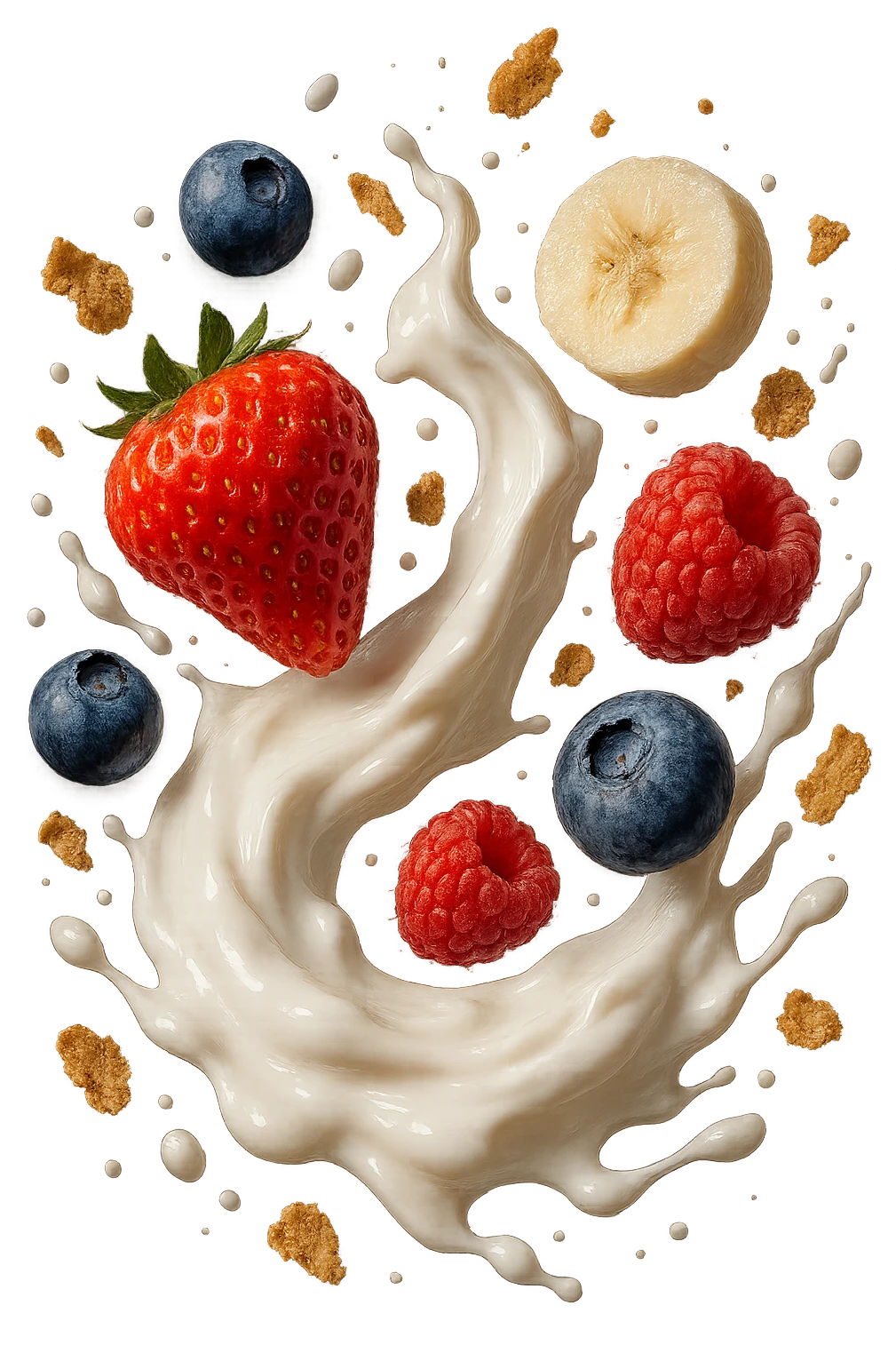 Yogurt, frutta, cereali FLUTTUANO IN ARIA, iperrealistica 4k emoji