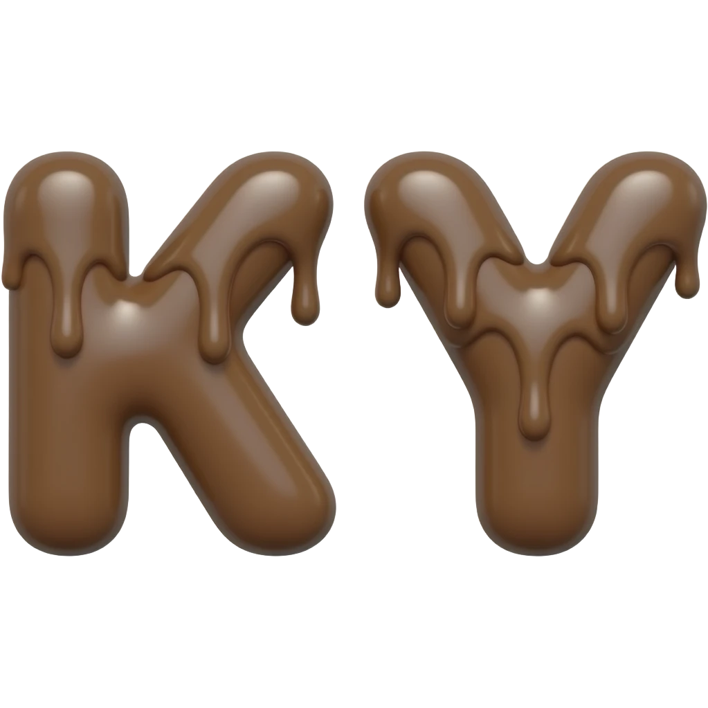 👉  TWO👉 "letters K and Y made of chocolate texture, rich brown color, 3D glossy, melted chocolate style, smooth rounded shapes, cute cartoon style, isolated on white background, high detail" emoji