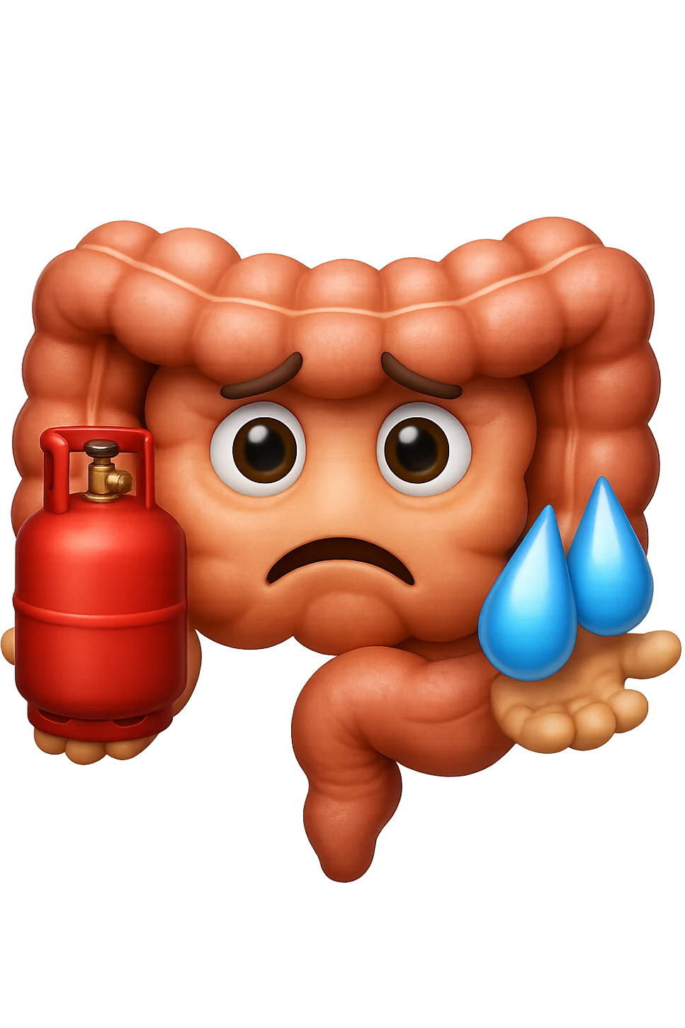 EMOJI STILE IPHONE DI un'intestino preoccupato che ha una bombola di gas in mano e due gocce di acqua in 3d nell'altra mano, IPERREALISTICO 4K emoji
