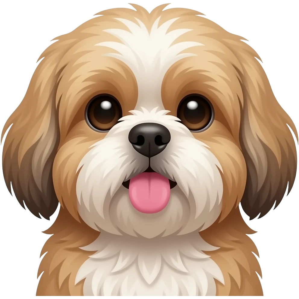 Close-up of a Shih Tzu dog with long, fluffy fur, a flat face, and dark round eyes. The dog’s pink tongue is sticking out, and the fur around the mouth is slightly wet. Cute expression, soft texture, high-contrast style, clean outline, designed as a sticker. emoji