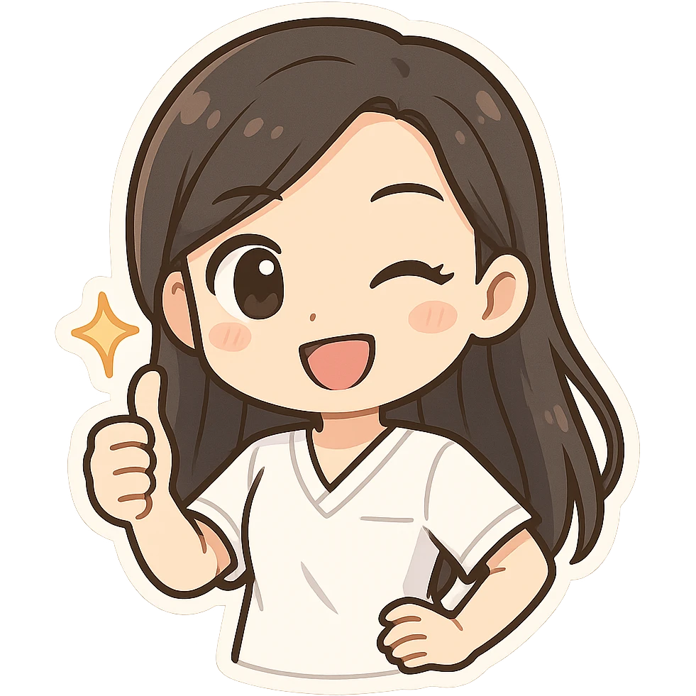 3D chibi bitmoji style sticker of a girl with long dark hair, white medical top, winking and giving a thumbs up, white outline emoji