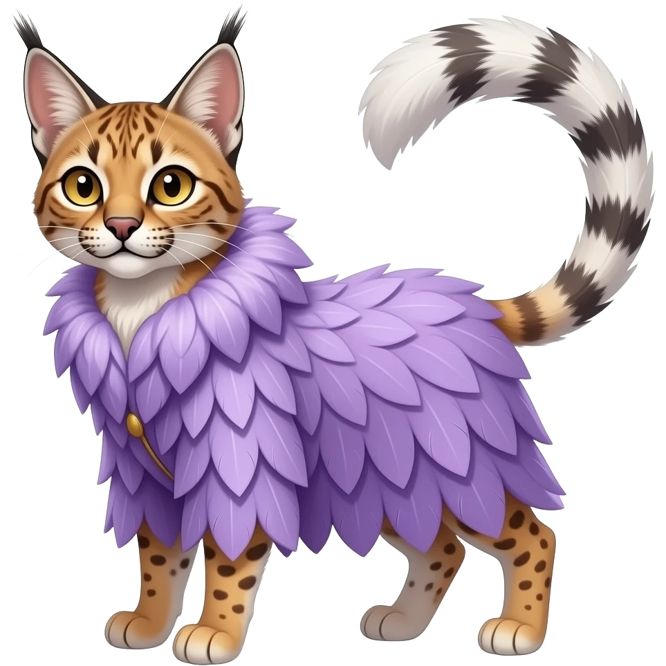 cute beautiful elegant lanky feathery, wisteria-purple, fantasy-caracal-civet-snow-leopard-bobcat-genet-animal-Fakémon-hybrid, long thin tufted tail, golden eyes emoji