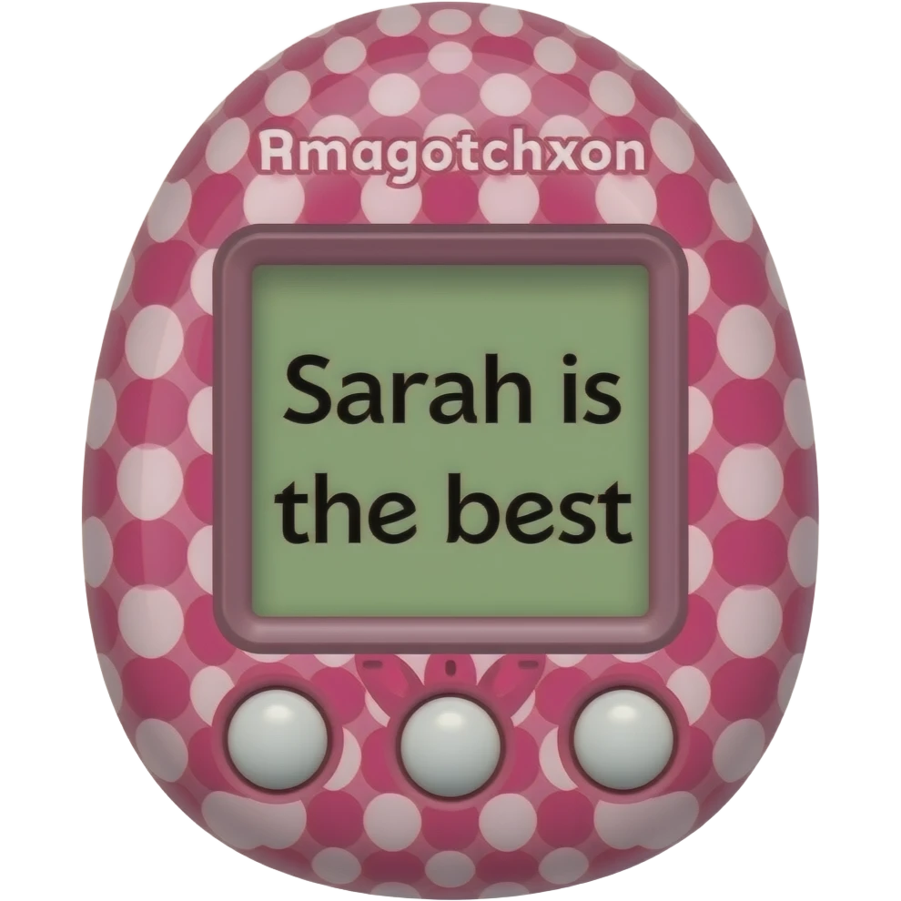make ma pink tamagotchi that says Sarah is the best on the screen in black ith some cool pattern on the pink otside emoji