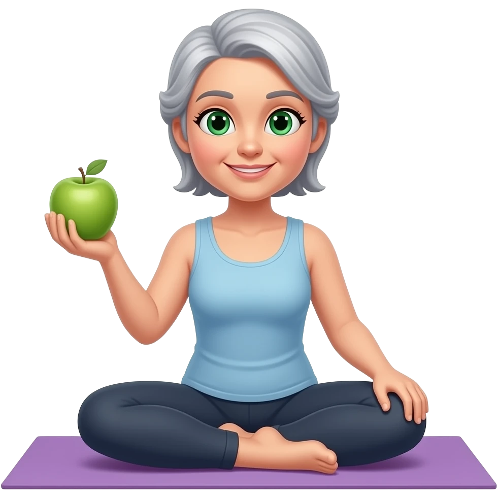 Lady around 45  with Green eyes beautiful grey hair and with Green apple and doing yoga emoji