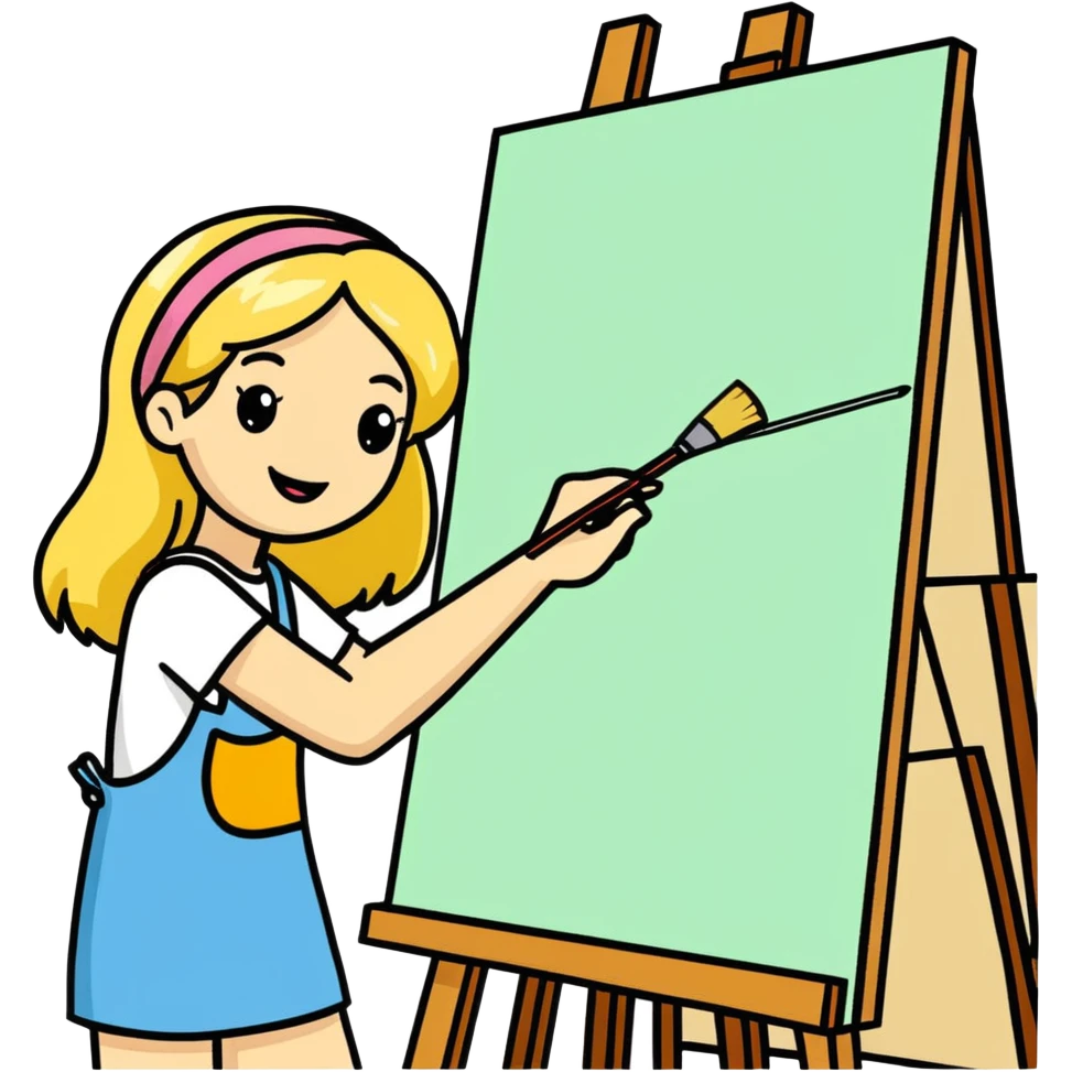 Woman with sandy blonde hair painter/artist painting a big canvas that reads “ANOTHER ONE BITES THE DUST - HAPPY BIRTHDAY” in 60’s hippie style painting emoji