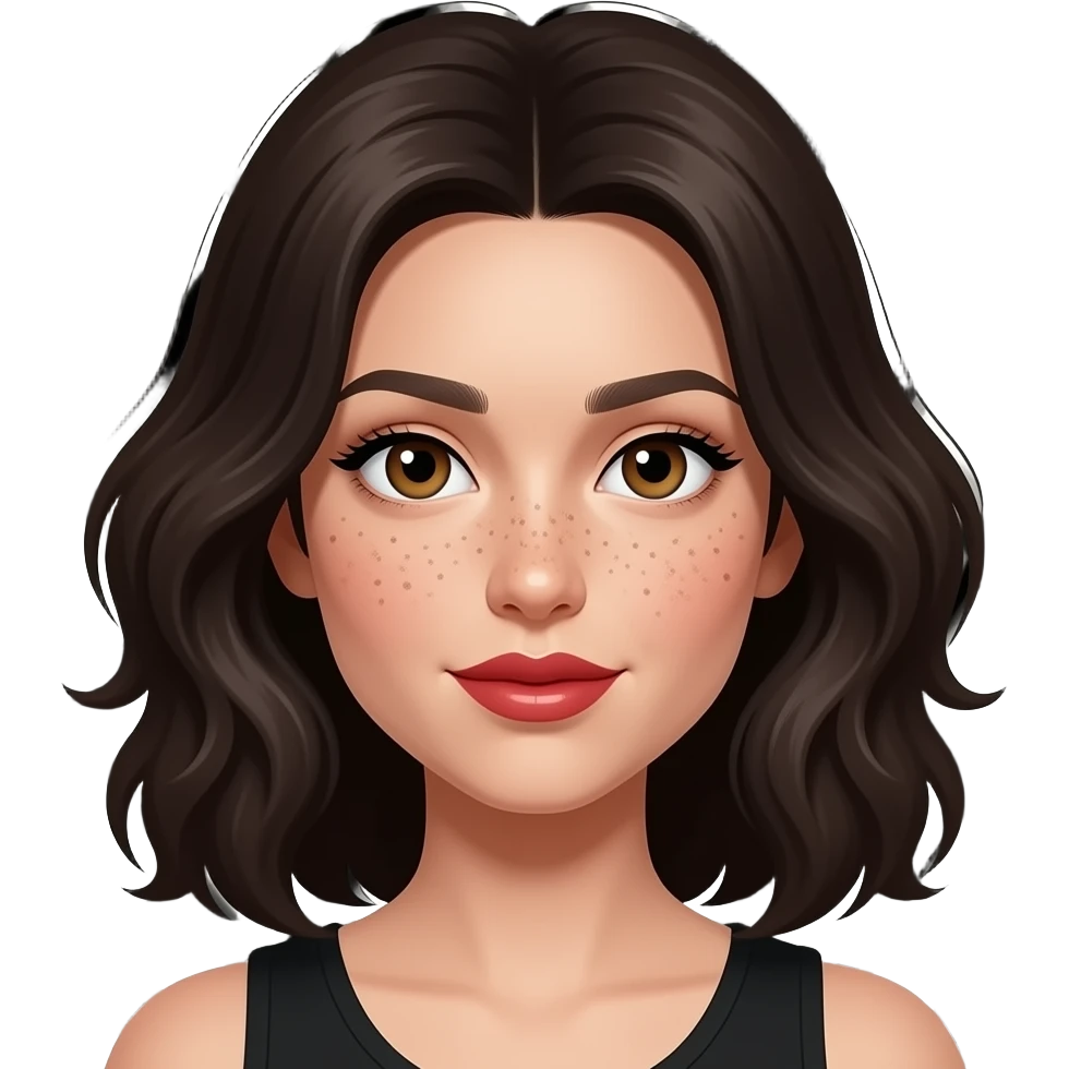vector-style avatar of a woman named Iris, centered, solid black background, wavy shoulder-length dark hair, fair skin with distinct freckles across her cheeks, and bold red lips. emoji