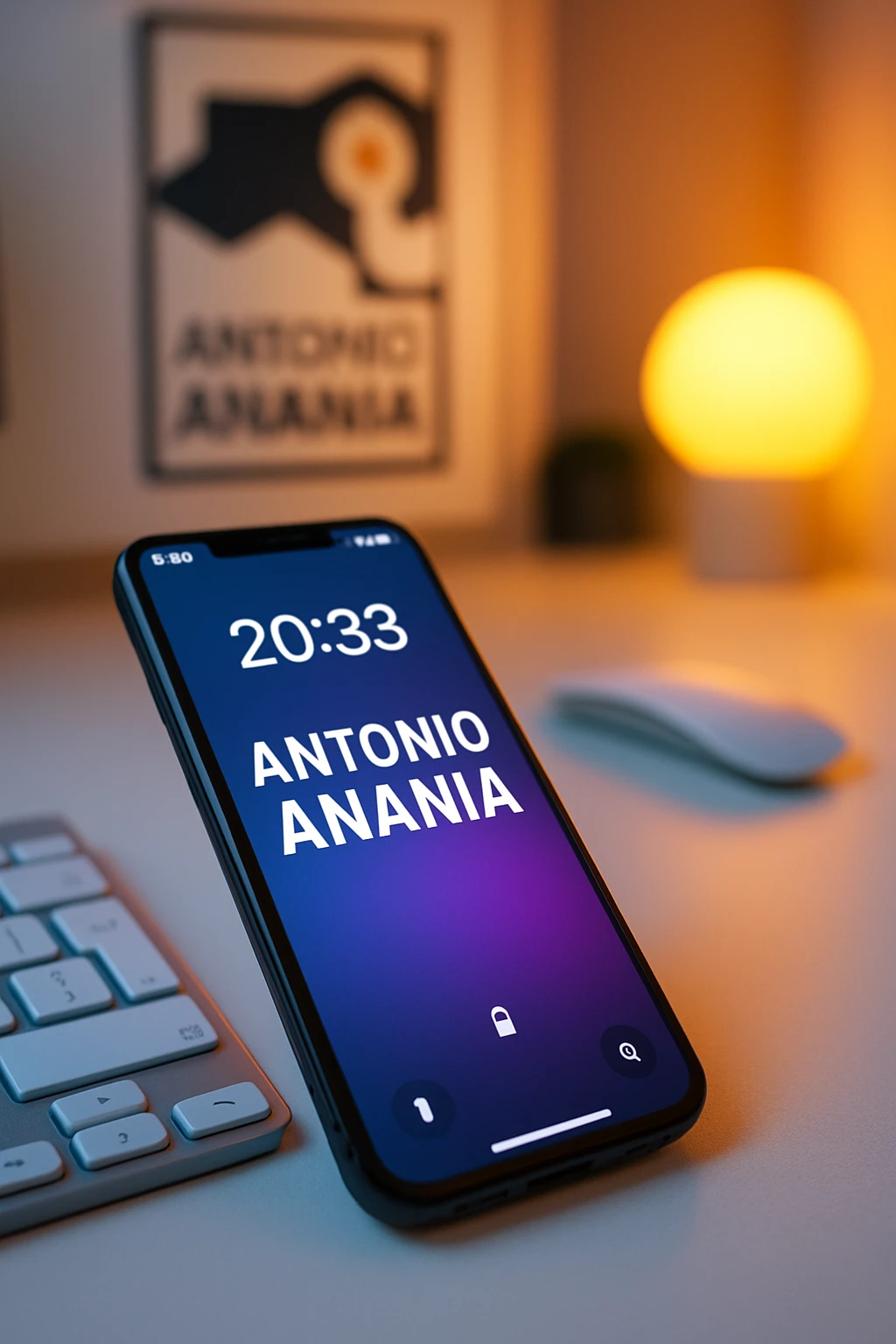 A photo of an iPhone on the desk with the message "Antonio Anania" on its screen, The phone sits atop a desk with a blurred background that suggests work environment. A faint glow from above casts gentle shadows across the surface of each object, creating depth and highlighting their textures emoji